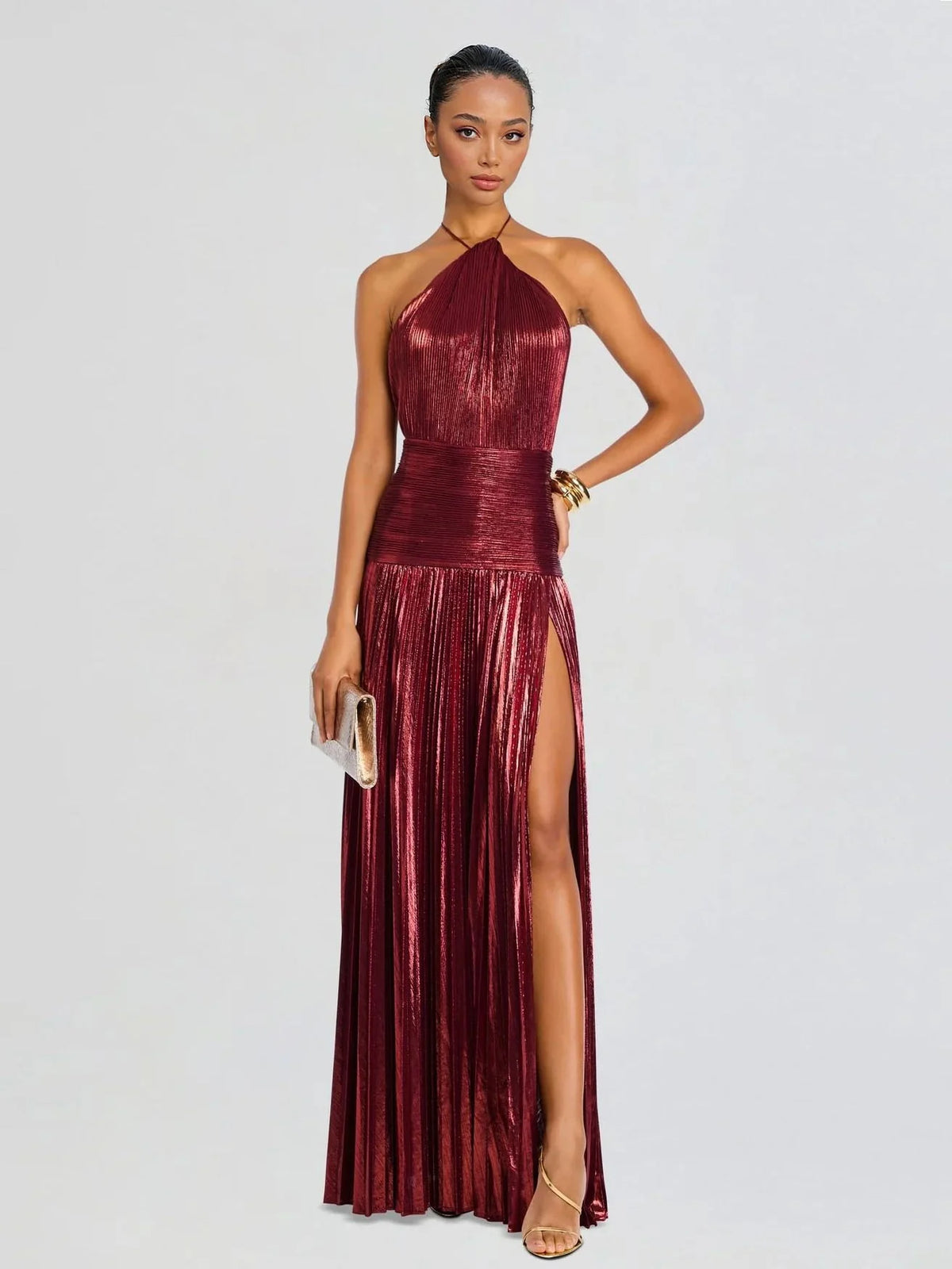 Halter Neck Metallic Pleated High Slit A-Line Gown 5