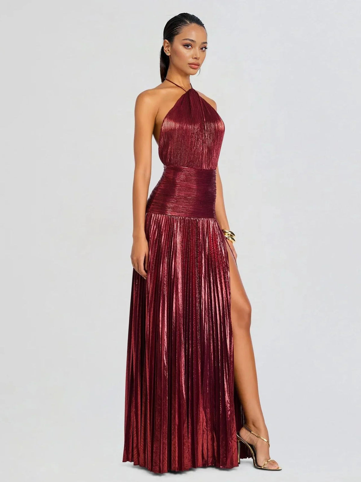 Halter Neck Metallic Pleated High Slit A-Line Gown 9