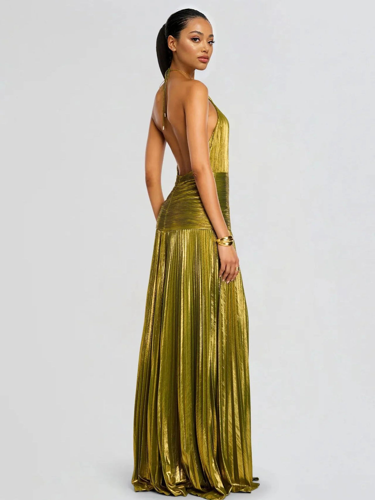 Halter Neck Metallic Pleated High Slit A-Line Gown 7