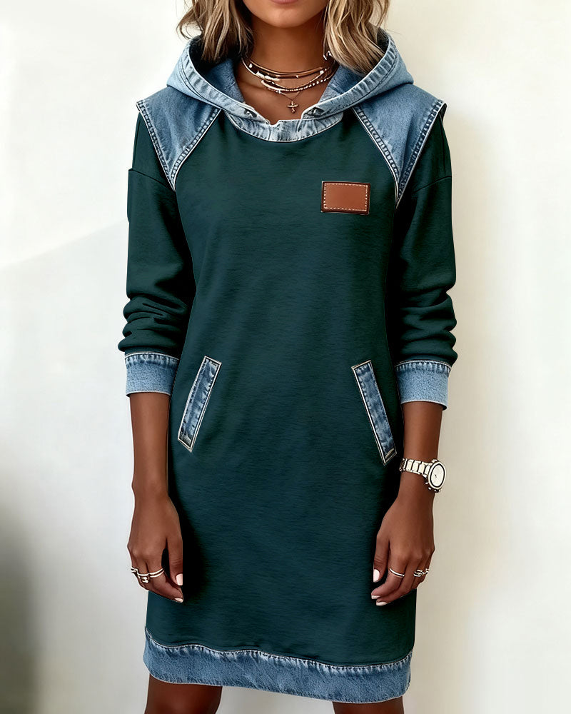 Hooded Long Sleeve Denim Contrast Panel Pocket Sweatshirt Mini Dress