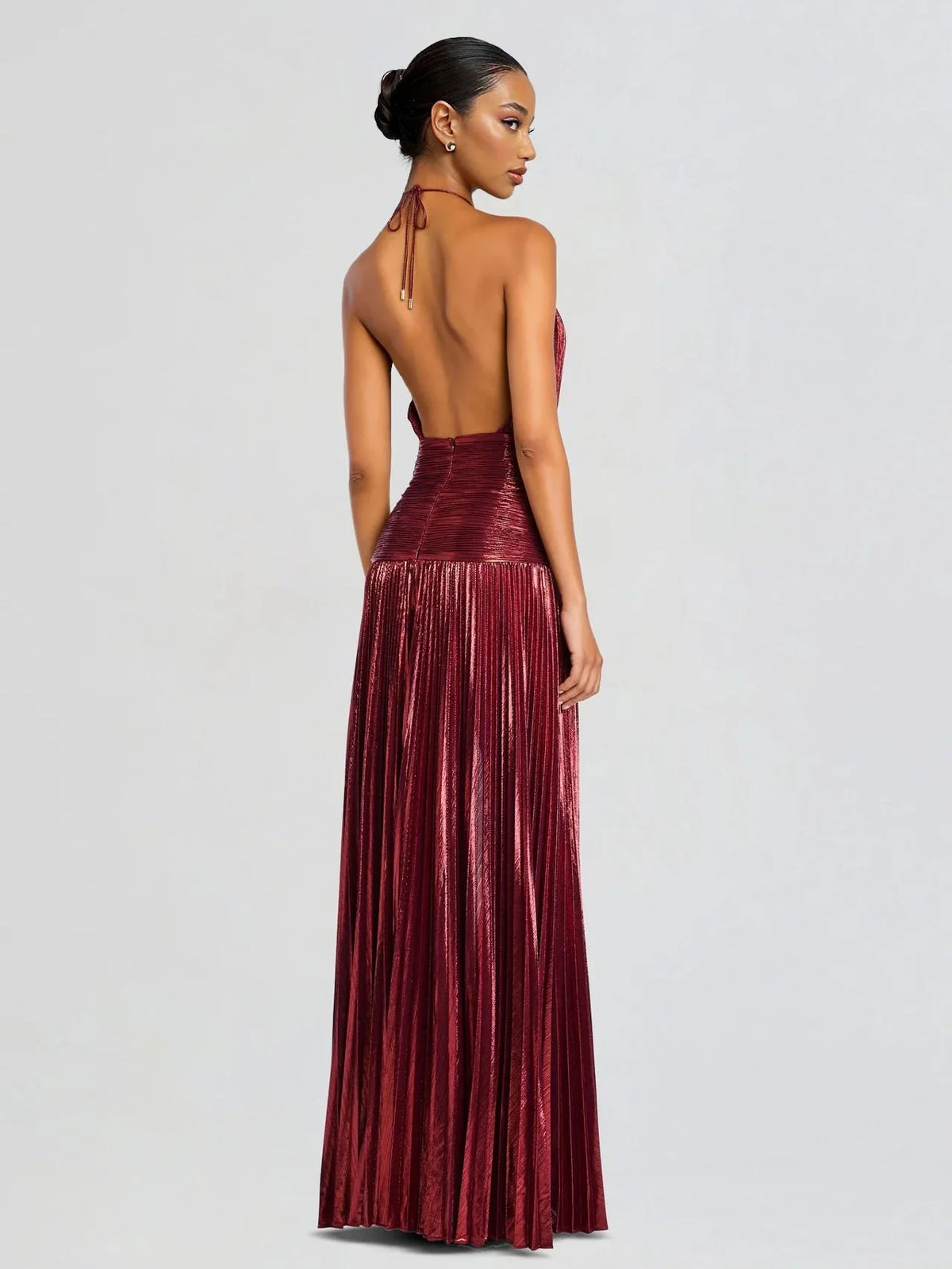 Halter Neck Metallic Pleated High Slit A-Line Gown 10