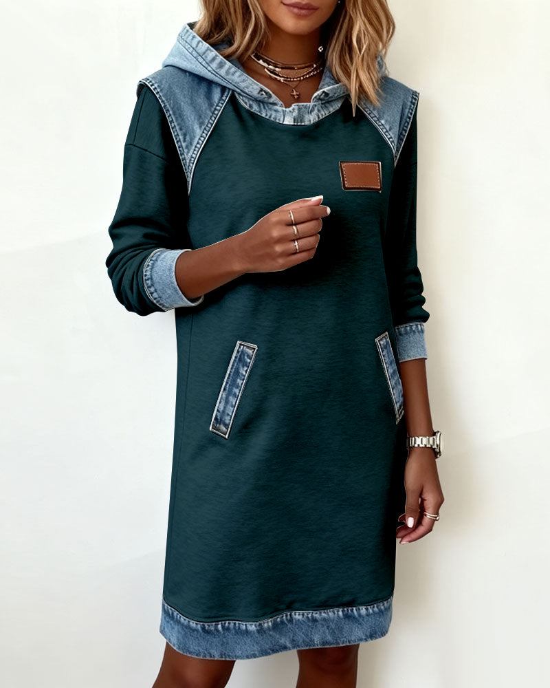Hooded Long Sleeve Denim Contrast Panel Pocket Sweatshirt Mini Dress