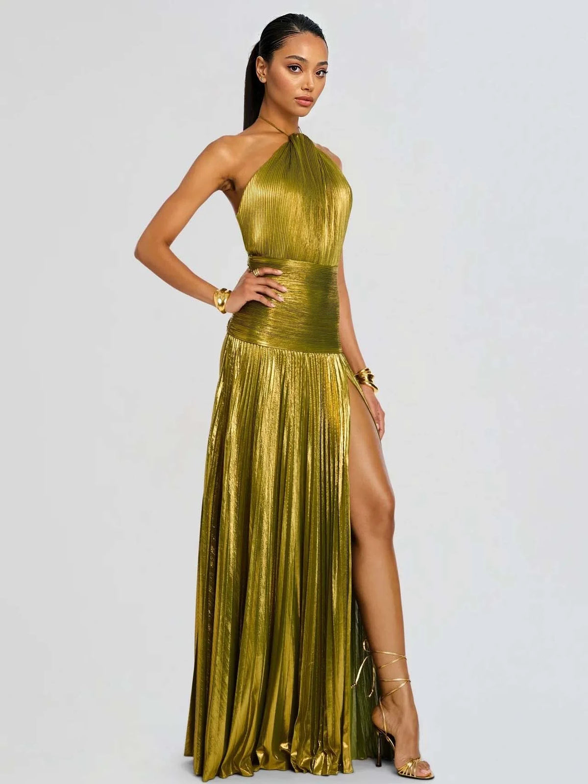 Halter Neck Metallic Pleated High Slit A-Line Gown 8