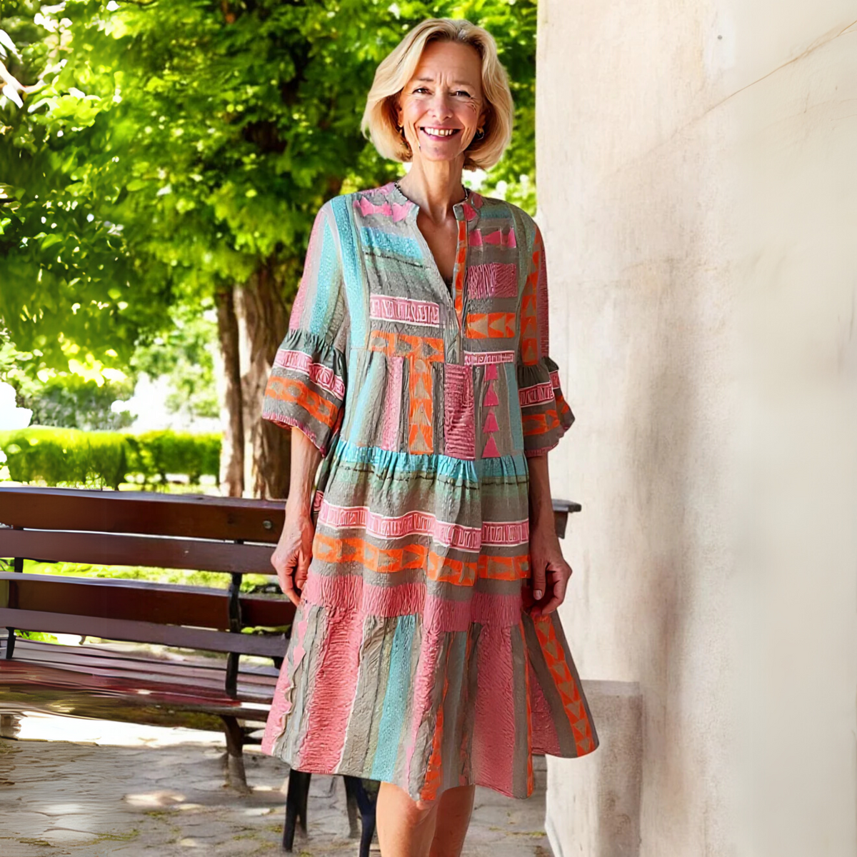 Notch Neck Aztec Geometric Print Bell Sleeve Tiered A-Line Mini Dress