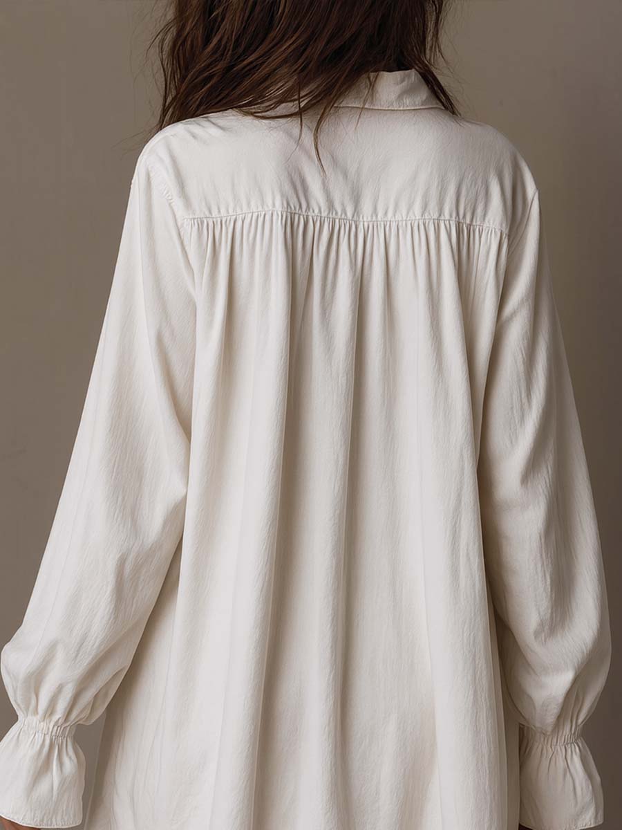 White Collared Lace Trim Button Front Long Sleeve Oversized Shirt Mini Dress 3