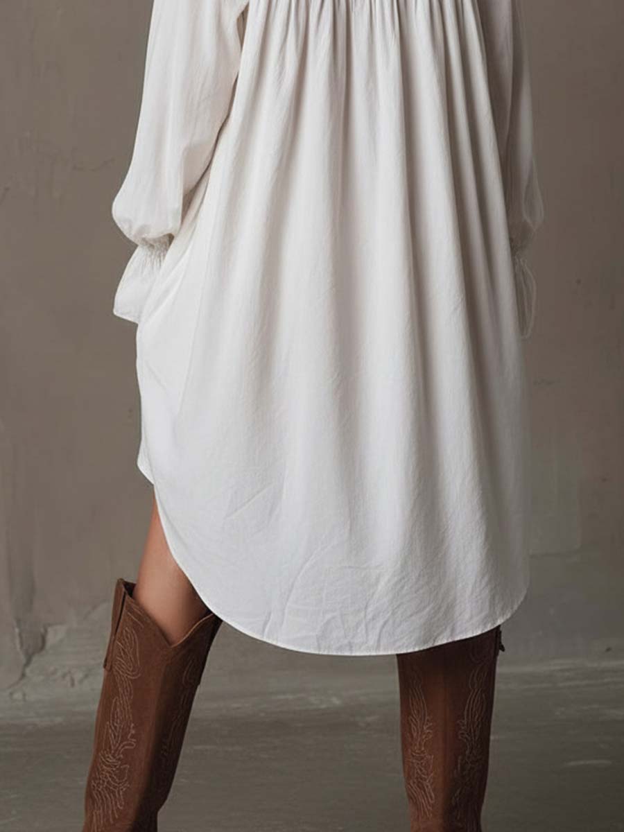 White Collared Lace Trim Button Front Long Sleeve Oversized Shirt Mini Dress 4