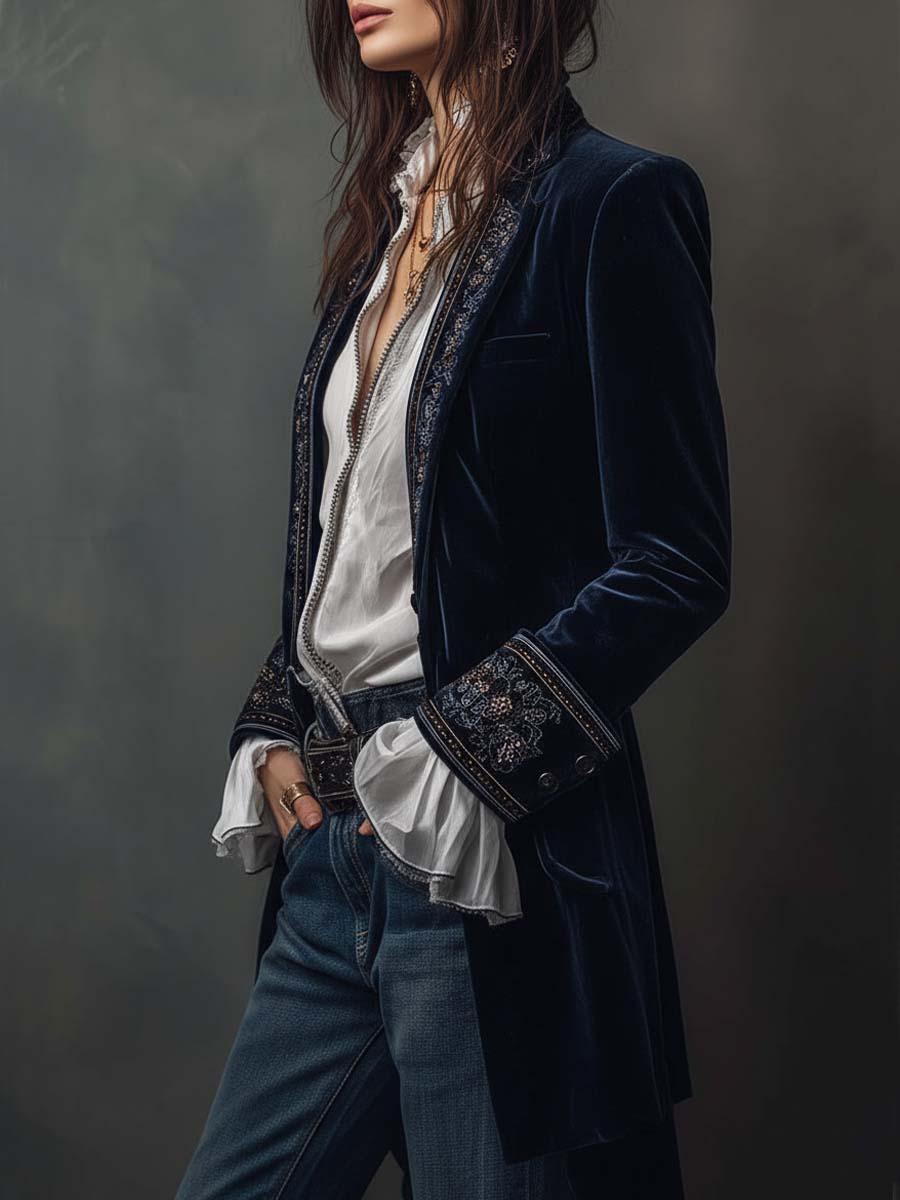 Stand Collar Embroidered Beaded Velvet Longline Blazer 4