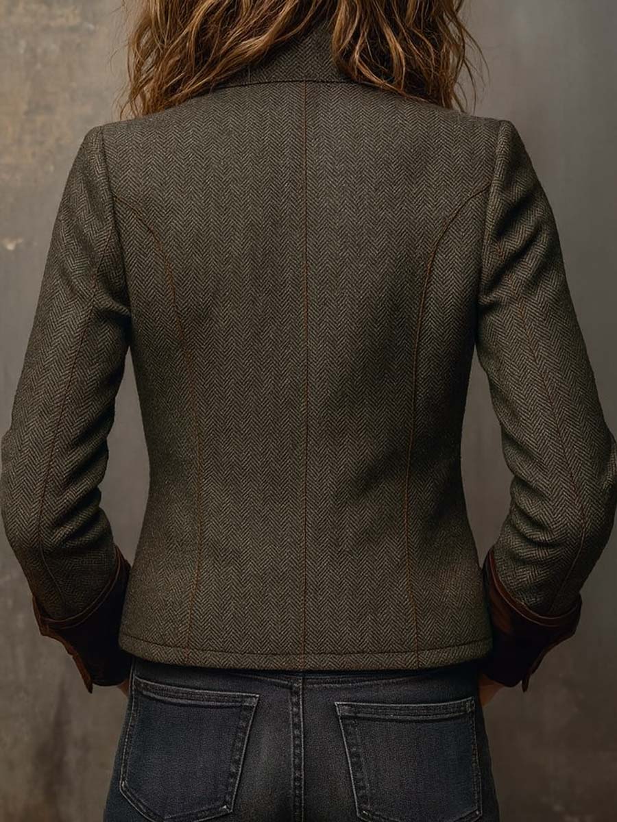 Olive Stand Collar Herringbone Tweed Contrast Cuff Button Front Jacket 3