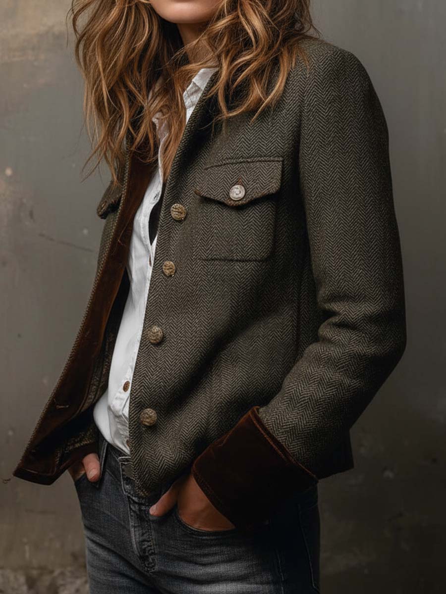 Olive Stand Collar Herringbone Tweed Contrast Cuff Button Front Jacket 2