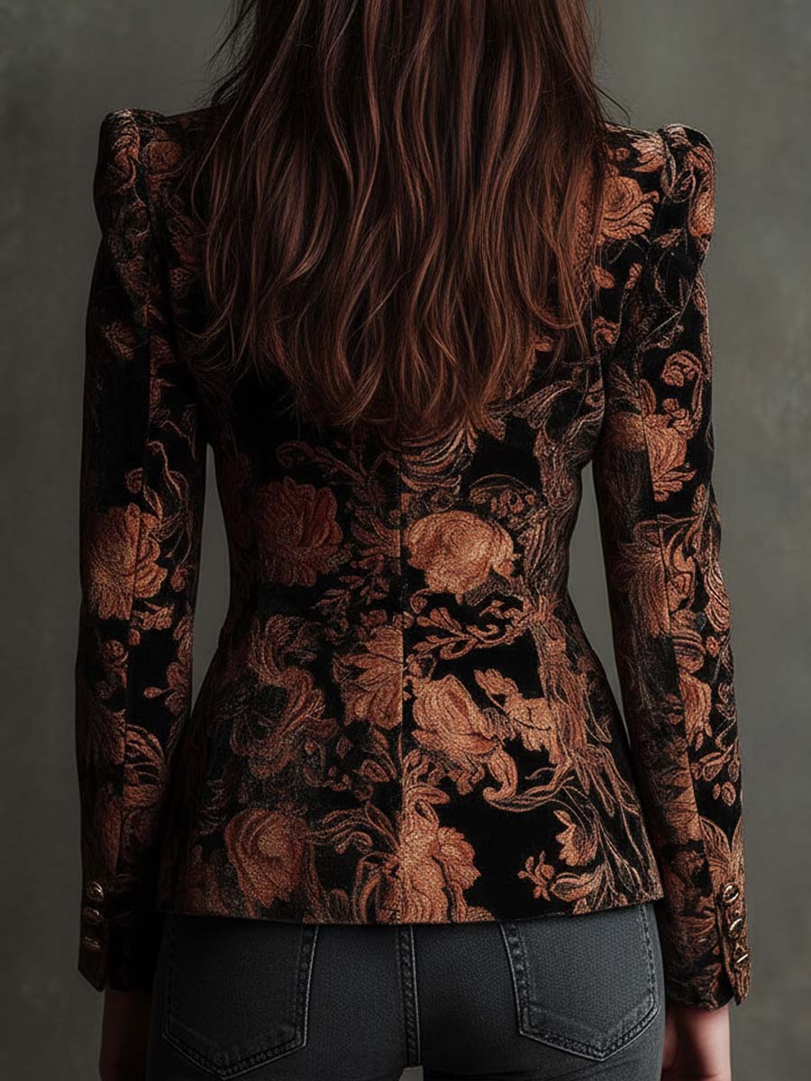 Black Peak Lapel Baroque Floral Velvet Puff Shoulder Blazer 6