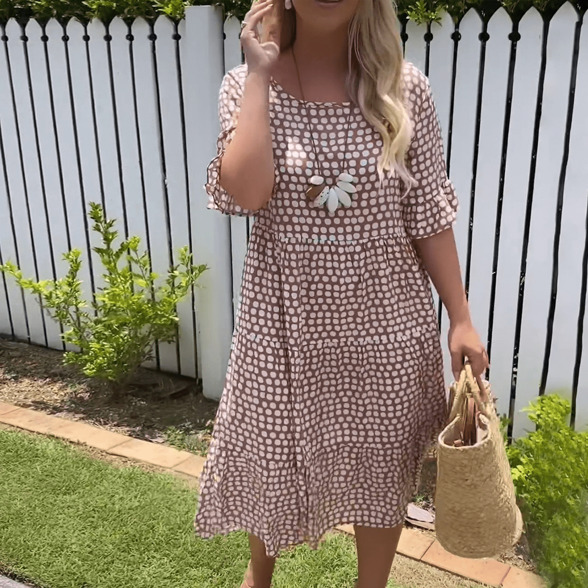 Round Neck Polka Dot Ruffle Sleeve Tiered A-Line Midi Dress