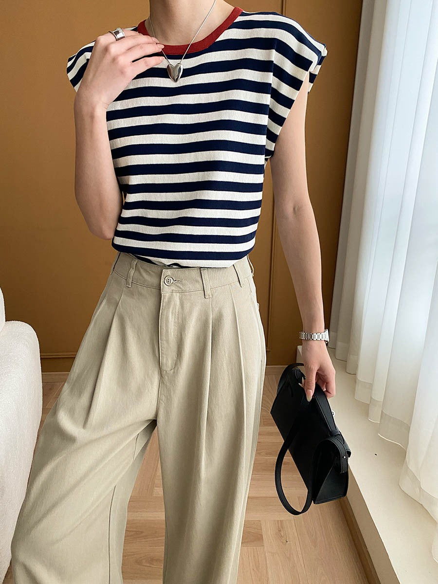 French Layered Striped Small Fly Sleeve Crew Neck Knitted Sweater T-Shirt