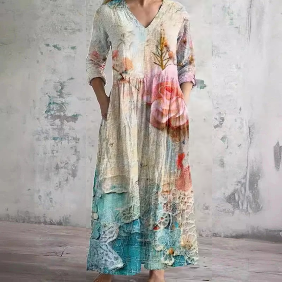 Multicolor V-Neck Floral Lace Trim Long Sleeve Layered Tiered Maxi Dress