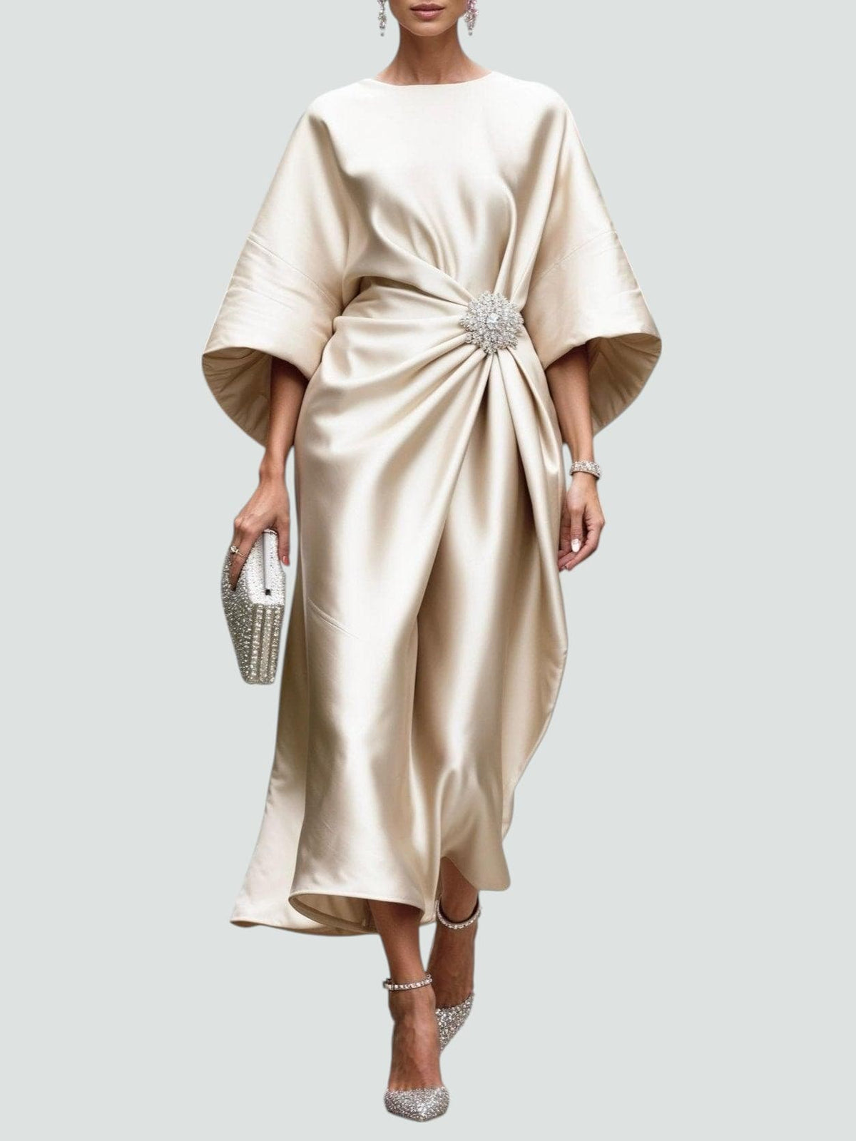 Boat Neck Batwing Sleeve Satin Brooch Twist Front Midi Dress 2