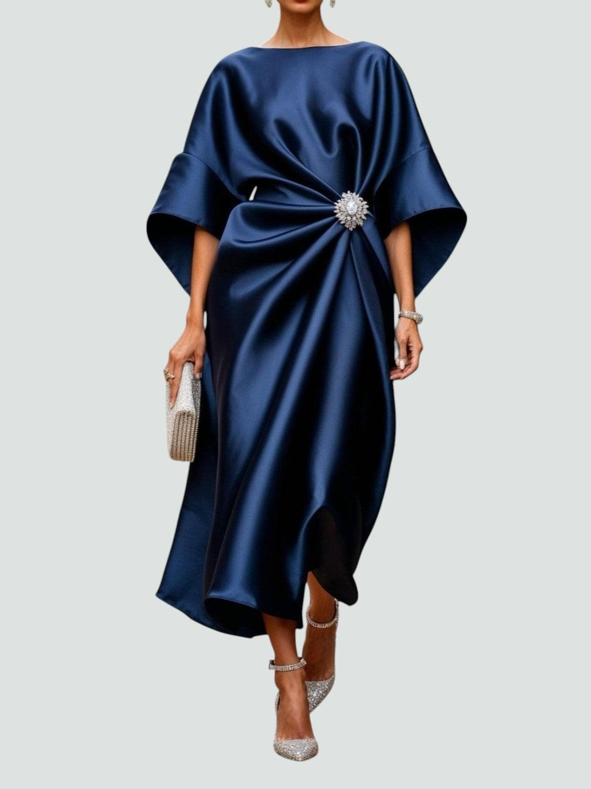 Boat Neck Batwing Sleeve Satin Brooch Twist Front Midi Dress