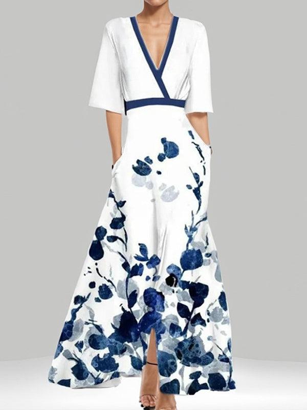 V-Neck Half Sleeve Floral Print A-Line Maxi Dress