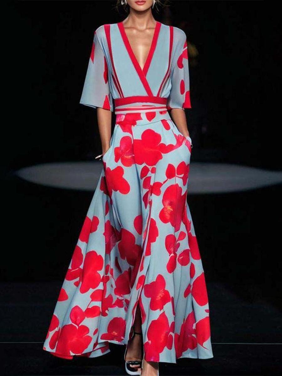 V-Neck Half Sleeve Floral Print A-Line Maxi Dress 2