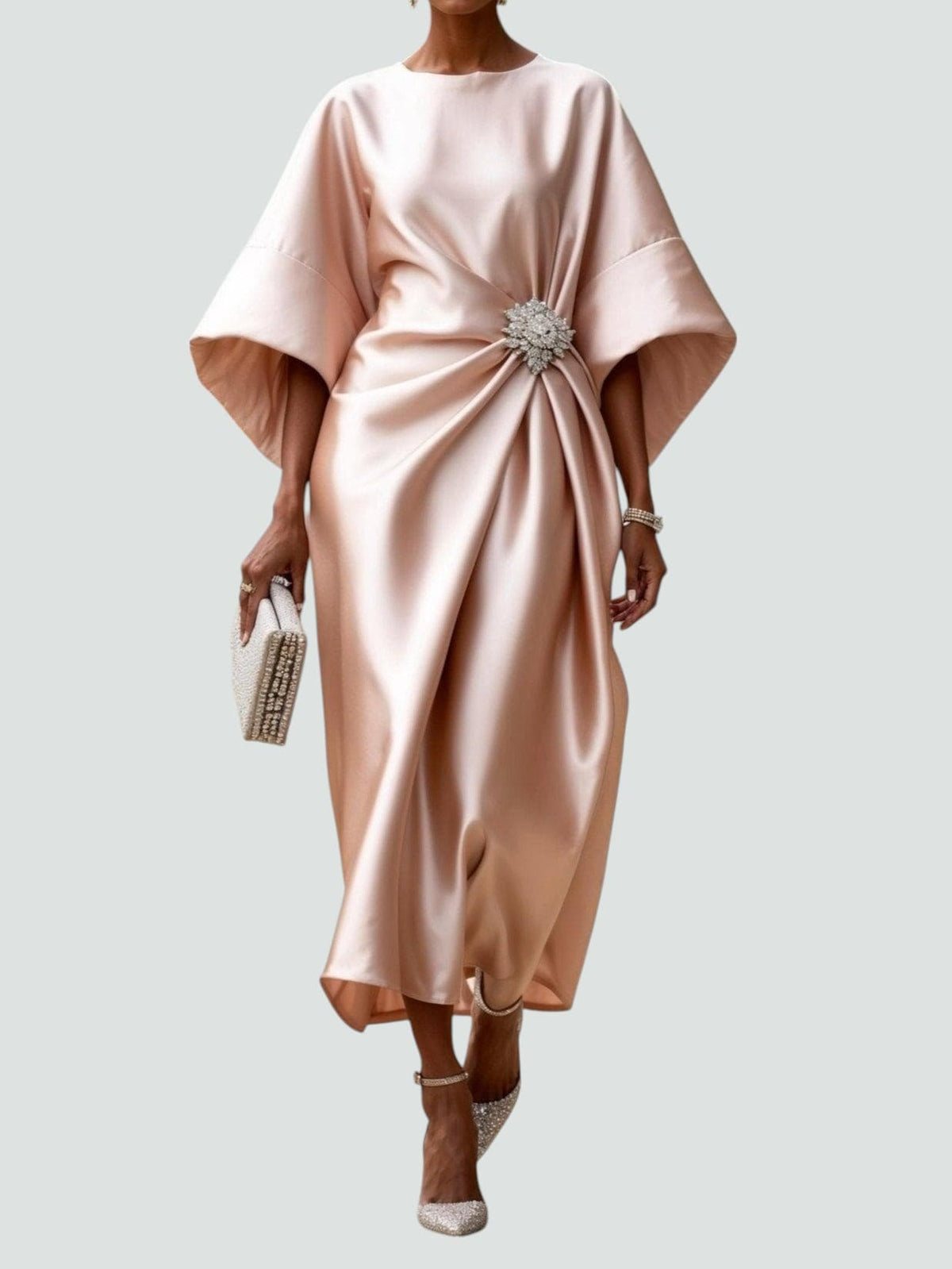 Boat Neck Batwing Sleeve Satin Brooch Twist Front Midi Dress 3