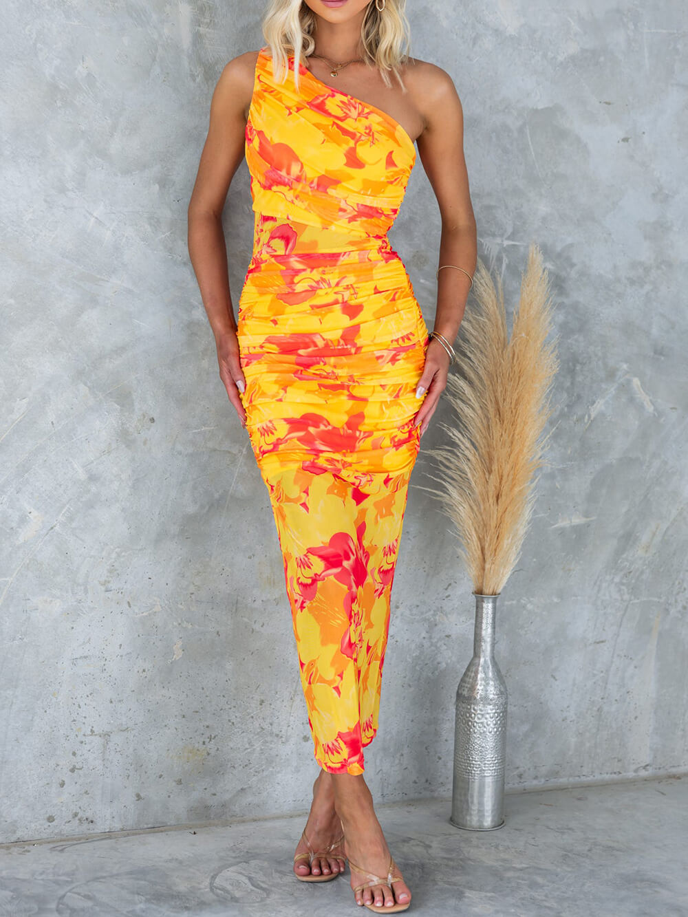 Mesh Overlay Printed One Graceful Shoulder Ruched Stretch Maxi Dress Yellow / S Dresses