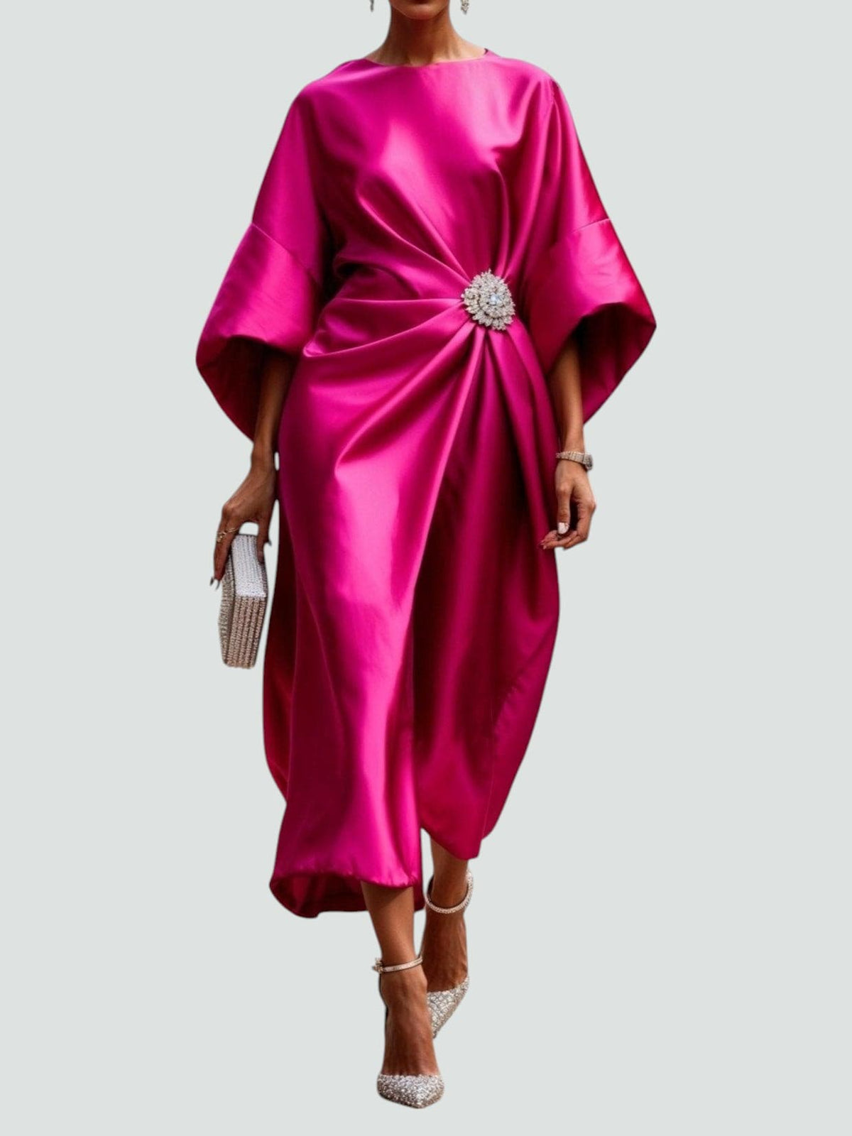 Boat Neck Batwing Sleeve Satin Brooch Twist Front Midi Dress 6