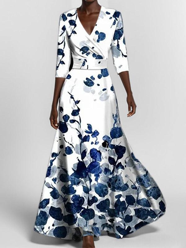 V-Neck Half Sleeve Floral Print A-Line Maxi Dress 7