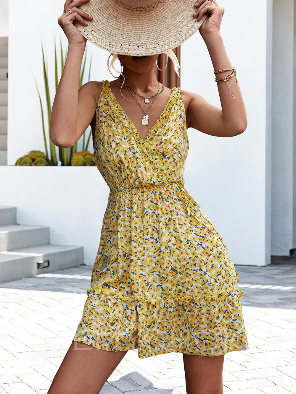 V-Neck Ruffle Strap Ditsy Floral Tie Waist Mini Dress 2