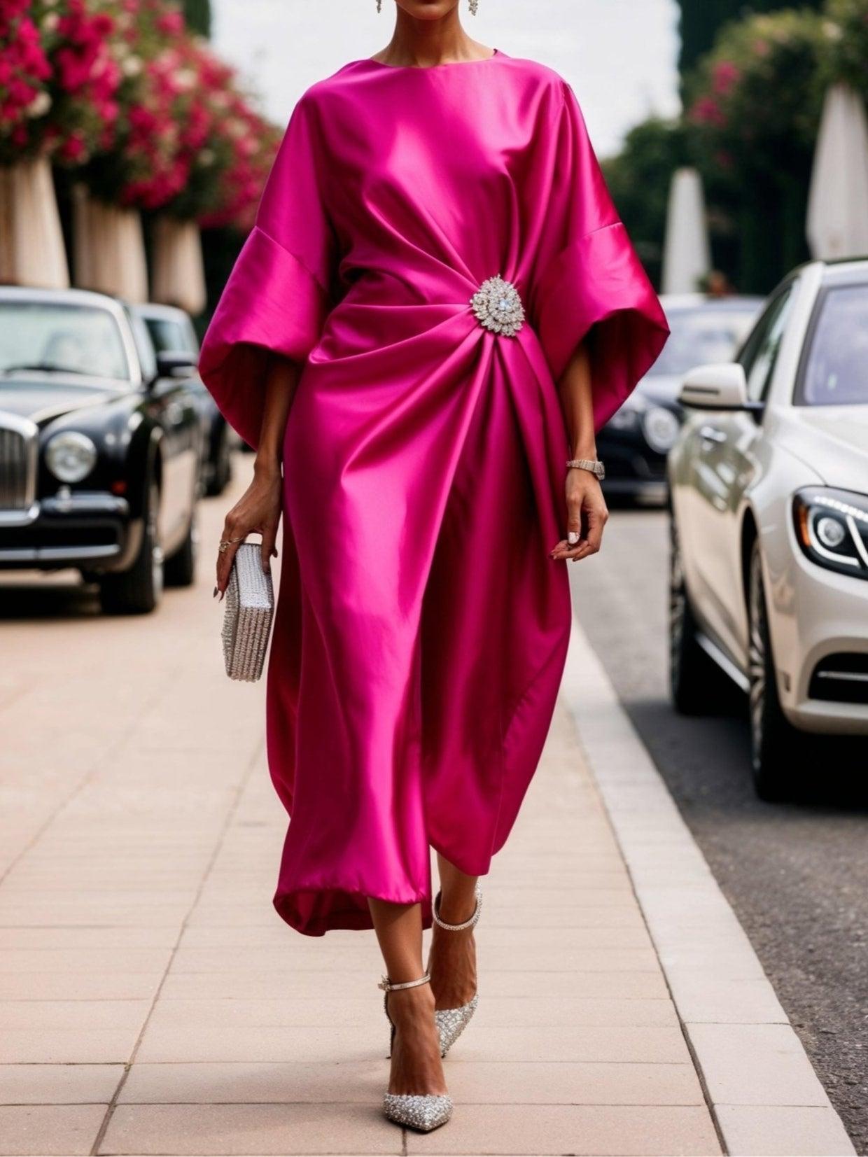 Boat Neck Satin Batwing Sleeve Rhinestone Ruched Front Midi Dress