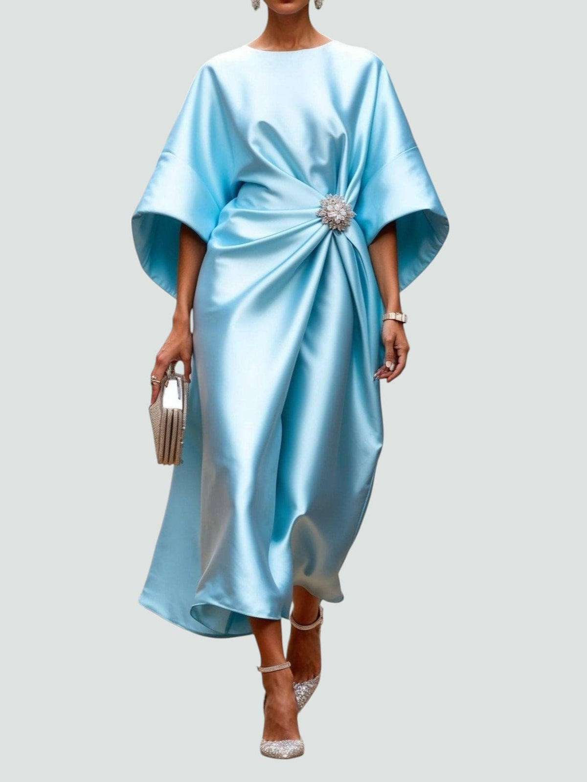 Boat Neck Batwing Sleeve Satin Brooch Twist Front Midi Dress 5