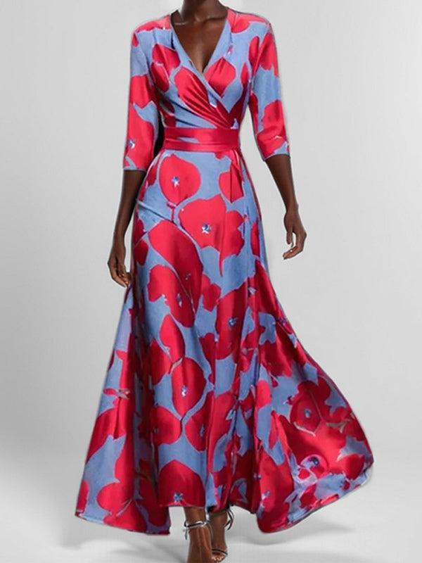 V-Neck Half Sleeve Floral Print A-Line Maxi Dress 6