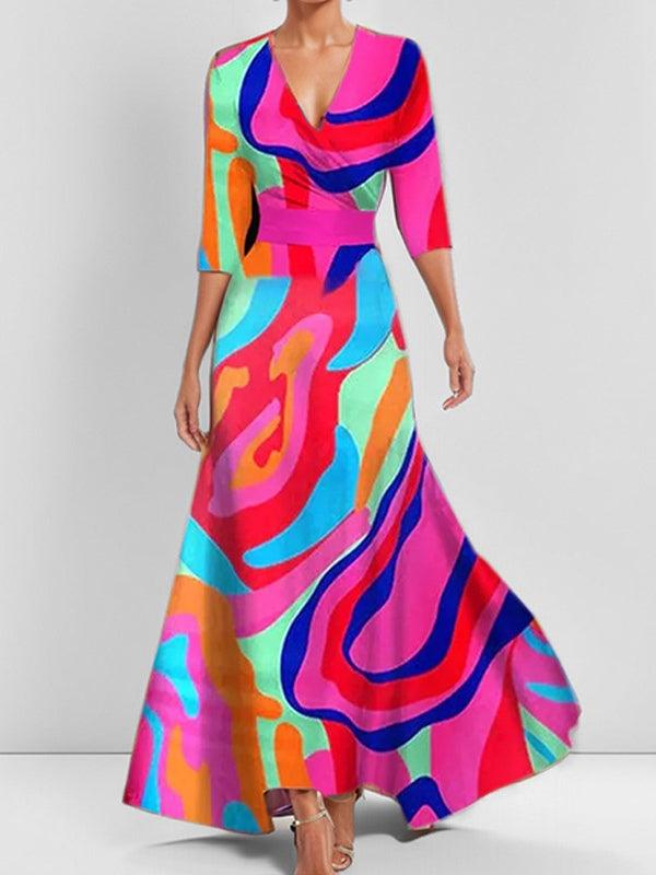 V-Neck Half Sleeve Floral Print A-Line Maxi Dress 4