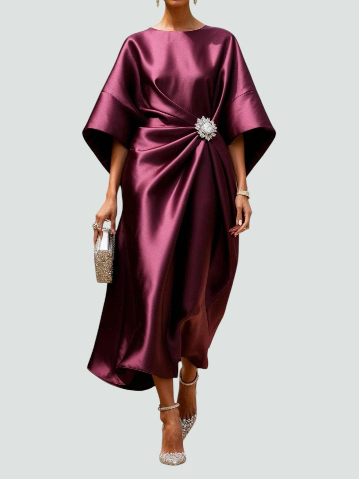 Boat Neck Batwing Sleeve Satin Brooch Twist Front Midi Dress 4