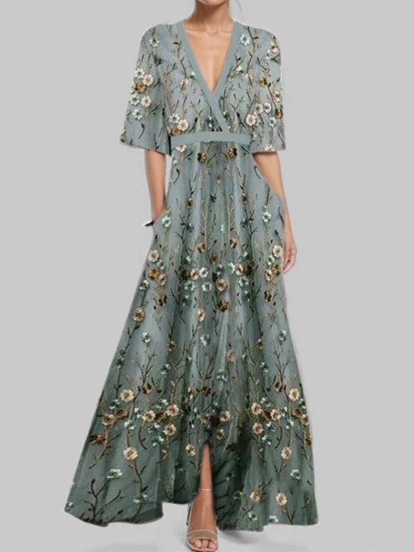 V-Neck Half Sleeve Floral Print A-Line Maxi Dress 3