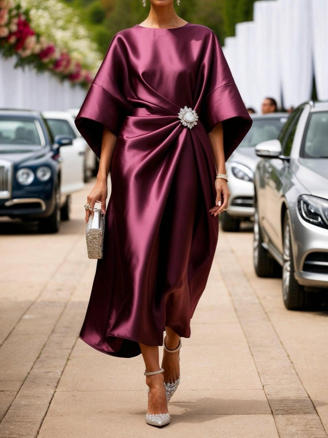 Boat Neck Satin Batwing Sleeve Rhinestone Ruched Front Midi Dress