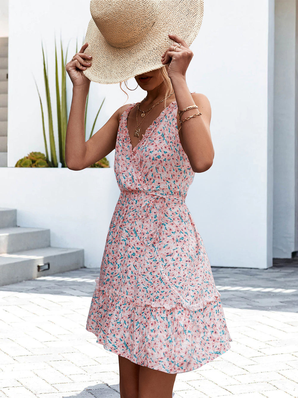 V-Neck Ruffle Strap Ditsy Floral Tie Waist Mini Dress 3