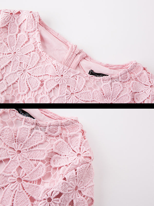 Pink Round Neck Floral Crochet Lace Scalloped Hem Shift Mini Dress 6