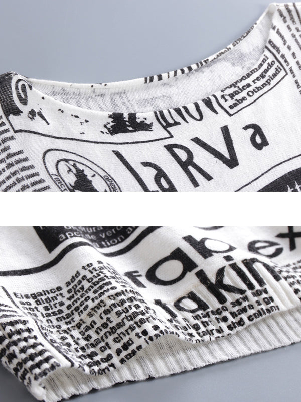 Round Neck Newspaper Print Oversized Loose Knit Sweater 4