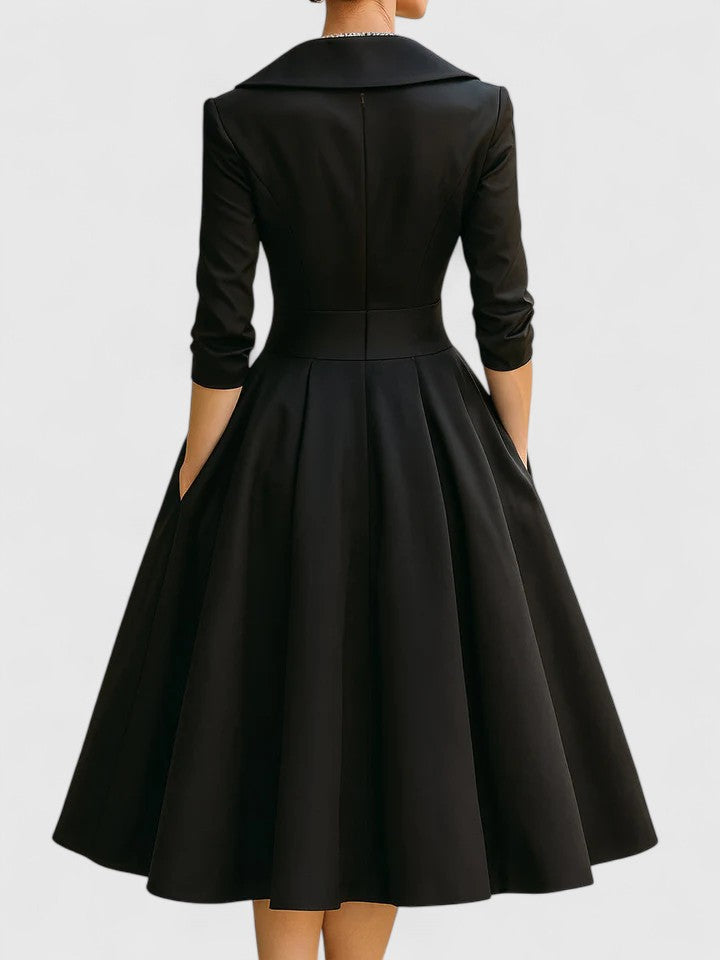 Shawl Collar Wrap Ruched Satin Long Sleeve A-Line Midi Dress
