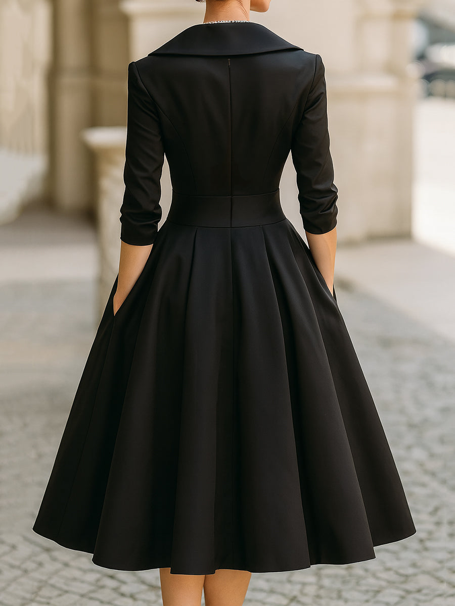 Shawl Collar Surplice Satin Pleated A-Line Midi Dress 6
