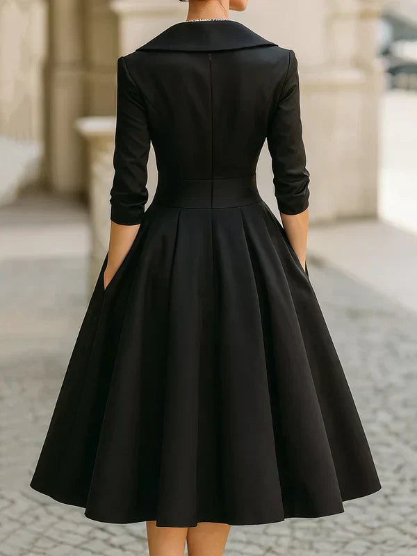 Lapel Collar Satin Three-Quarter Sleeve Ruched Waist A-Line Midi Dress