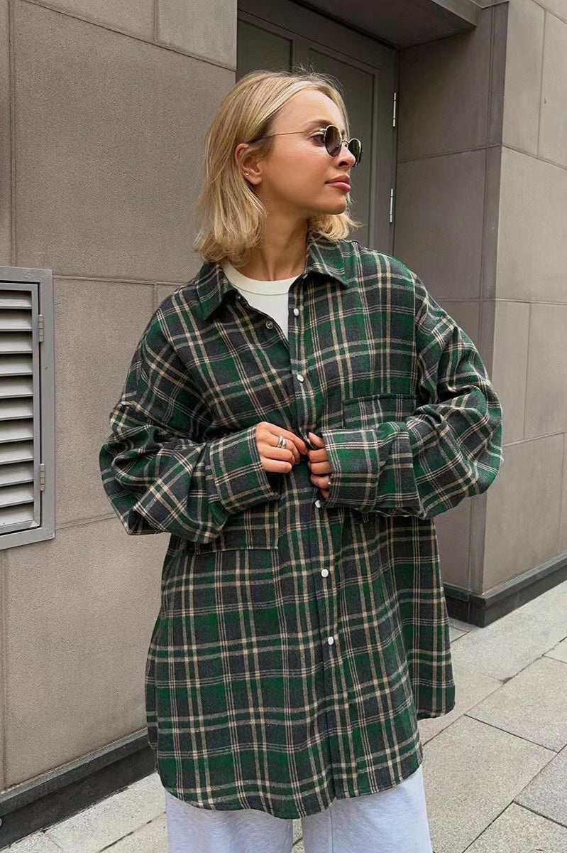 Vintage American Plaid Double-Pocket Mid-Length Blouse