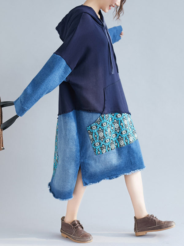 Hooded Long Sleeve Denim Patchwork Pocket Hoodie Midi Dress