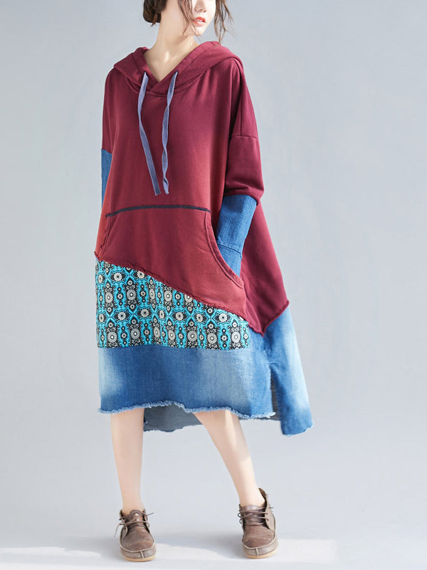 Hooded Long Sleeve Denim Patchwork Pocket Hoodie Midi Dress