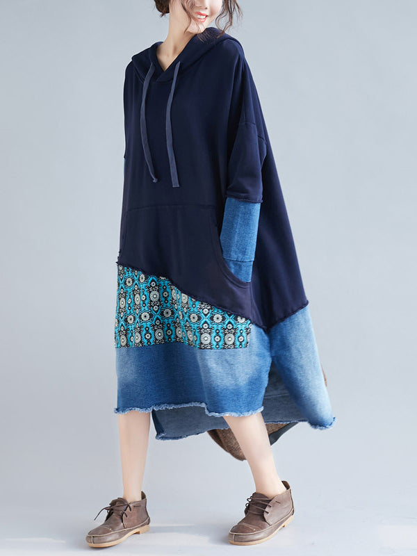 Hooded Long Sleeve Denim Patchwork Pocket Hoodie Midi Dress