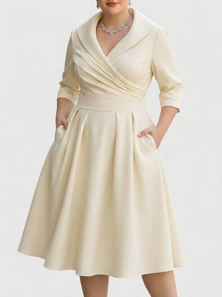 Shawl Collar Wrap Half Sleeve Satin Pleated A-Line Midi Dress 3