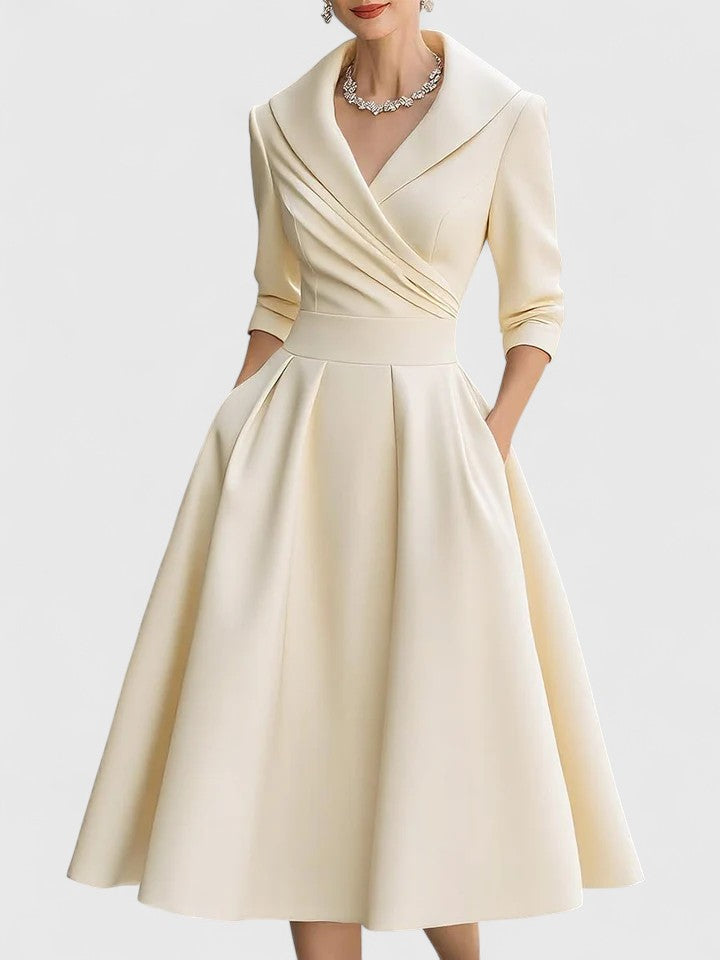 Shawl Collar Wrap Ruched Satin Long Sleeve A-Line Midi Dress
