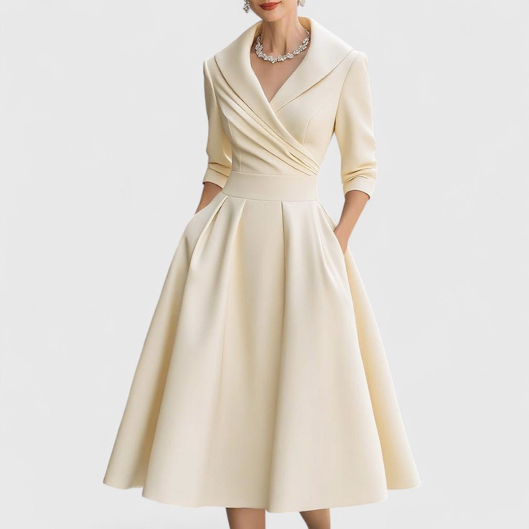 Shawl Collar Surplice V-Neck Satin Pleated A-Line Midi Dress