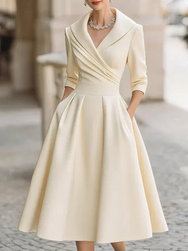Lapel Collar Satin Three-Quarter Sleeve Ruched Waist A-Line Midi Dress
