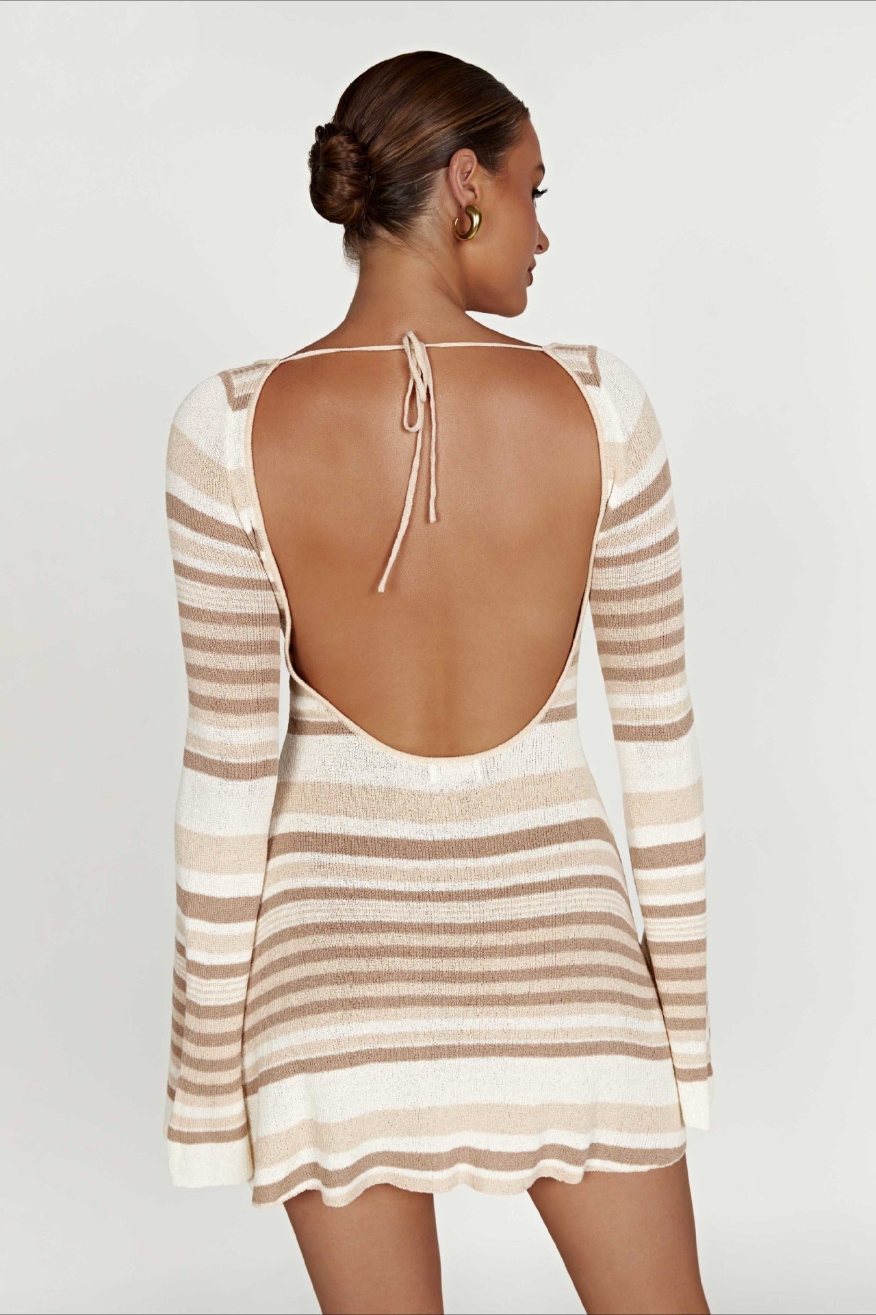 Striped ColorBlock Knit BellSleeve Backless Sweater Dress