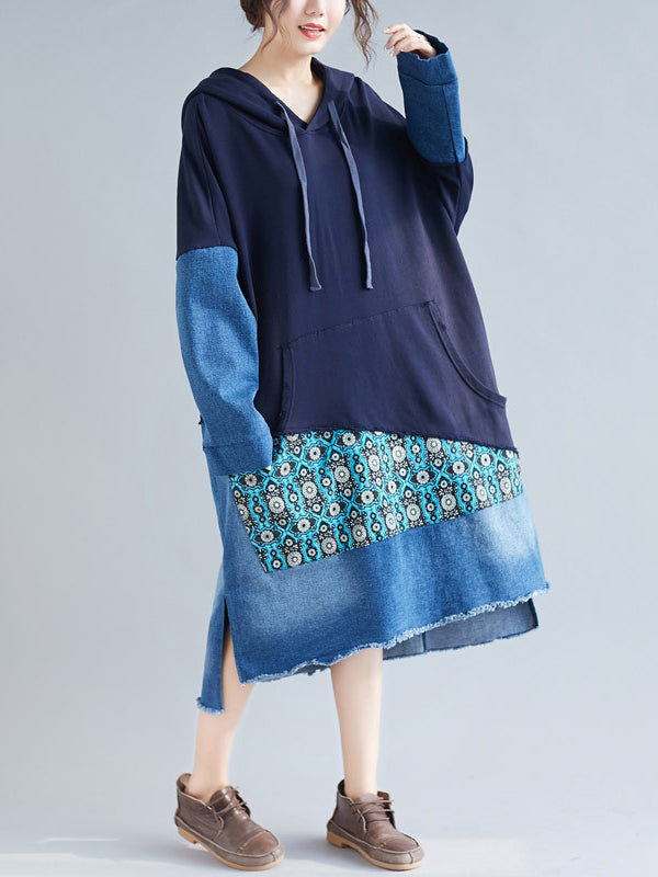 Hooded Long Sleeve Denim Patchwork Pocket Hoodie Midi Dress