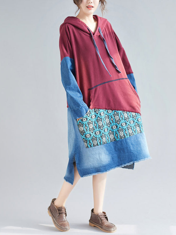 Hooded Long Sleeve Denim Patchwork Pocket Hoodie Midi Dress